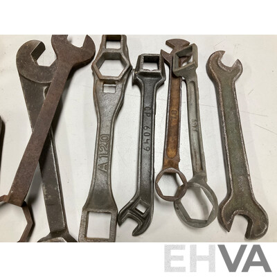 Collection of Large Imperial/Whitworth Spanners Including Newell Sanders Plow Co, Chattanooga Plow Co, Sheldon Axle Co