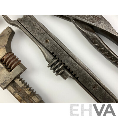 Collection of Steel Vintage Tools Including Eifel Flash Plierench, Boddmann and Eskilstuna, Adjustable Wrenches, Ferret Ratchet