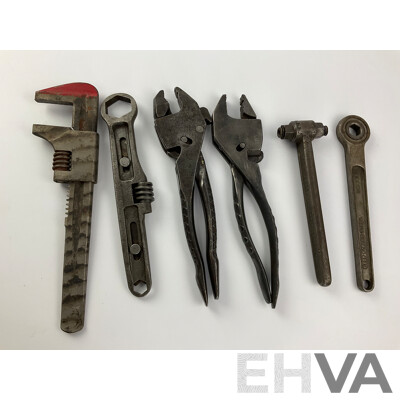 Collection of Steel Vintage Tools Including Eifel Flash Plierench, Boddmann and Eskilstuna, Adjustable Wrenches, Ferret Ratchet
