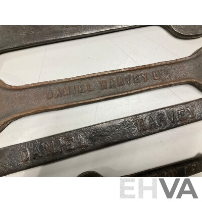 Two Daniel Harvey Box Hill Plough Spanners, Leyland Snail Brand Double End Spanner, Two Sheldon Axle Co Multi Spanners