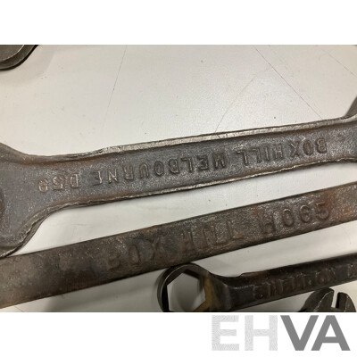Two Daniel Harvey Box Hill Plough Spanners, Leyland Snail Brand Double End Spanner, Two Sheldon Axle Co Multi Spanners