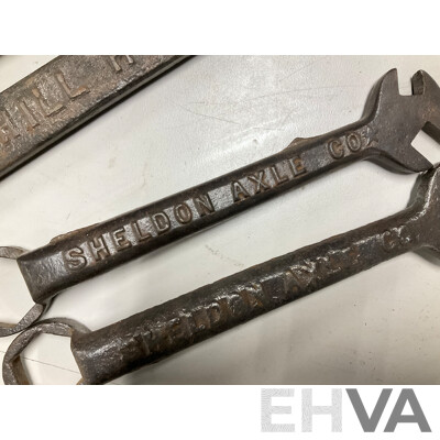 Two Daniel Harvey Box Hill Plough Spanners, Leyland Snail Brand Double End Spanner, Two Sheldon Axle Co Multi Spanners