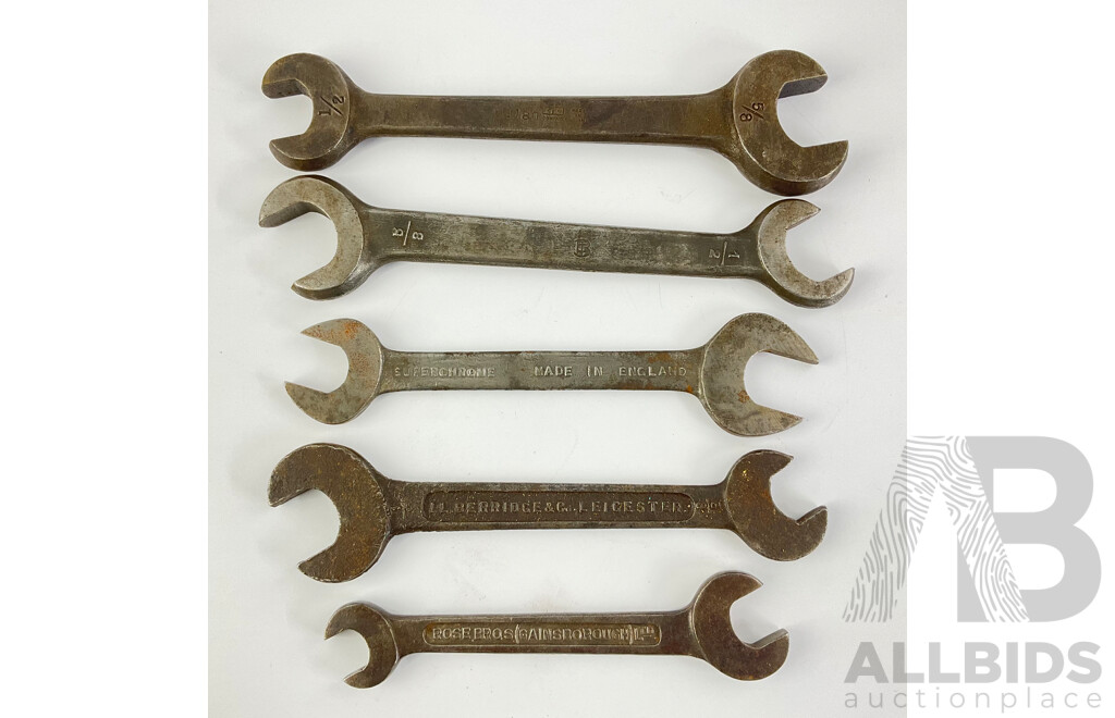 Collection of Vintage British Standard Whitworth Spanners Including Domino, I.L Berridge & Co, Rose Bros, Dropstam.Co, All Made in England - Sizes 5/8, 1/2, 7/8, 3/8, 5/16