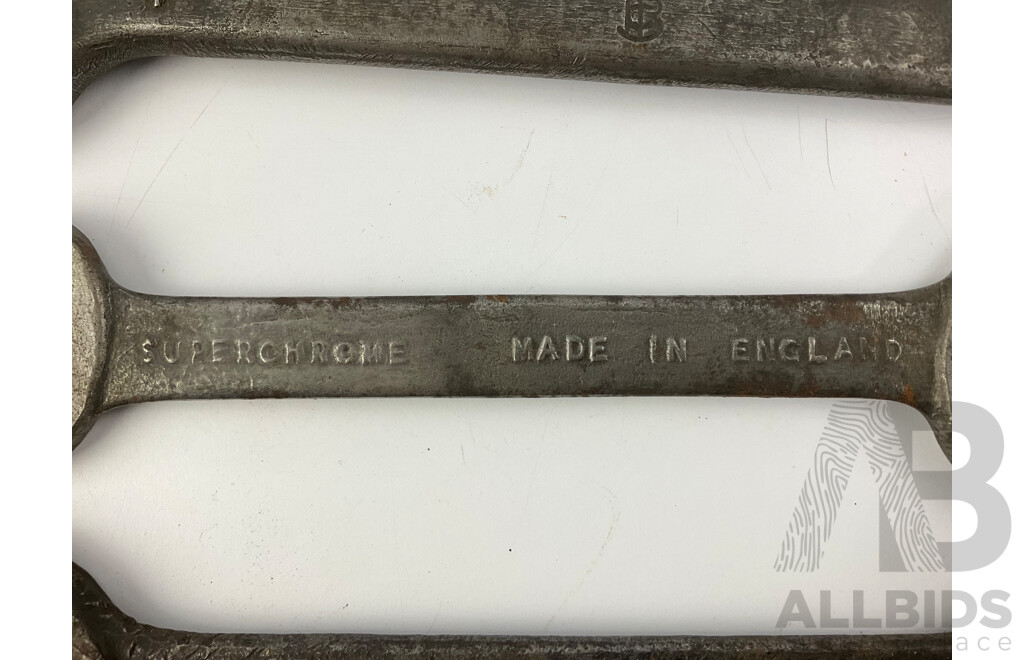 Collection of Vintage British Standard Whitworth Spanners Including Domino, I.L Berridge & Co, Rose Bros, Dropstam.Co, All Made in England - Sizes 5/8, 1/2, 7/8, 3/8, 5/16