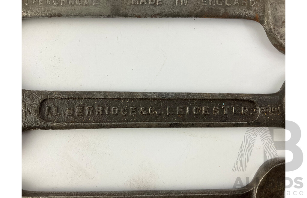 Collection of Vintage British Standard Whitworth Spanners Including Domino, I.L Berridge & Co, Rose Bros, Dropstam.Co, All Made in England - Sizes 5/8, 1/2, 7/8, 3/8, 5/16