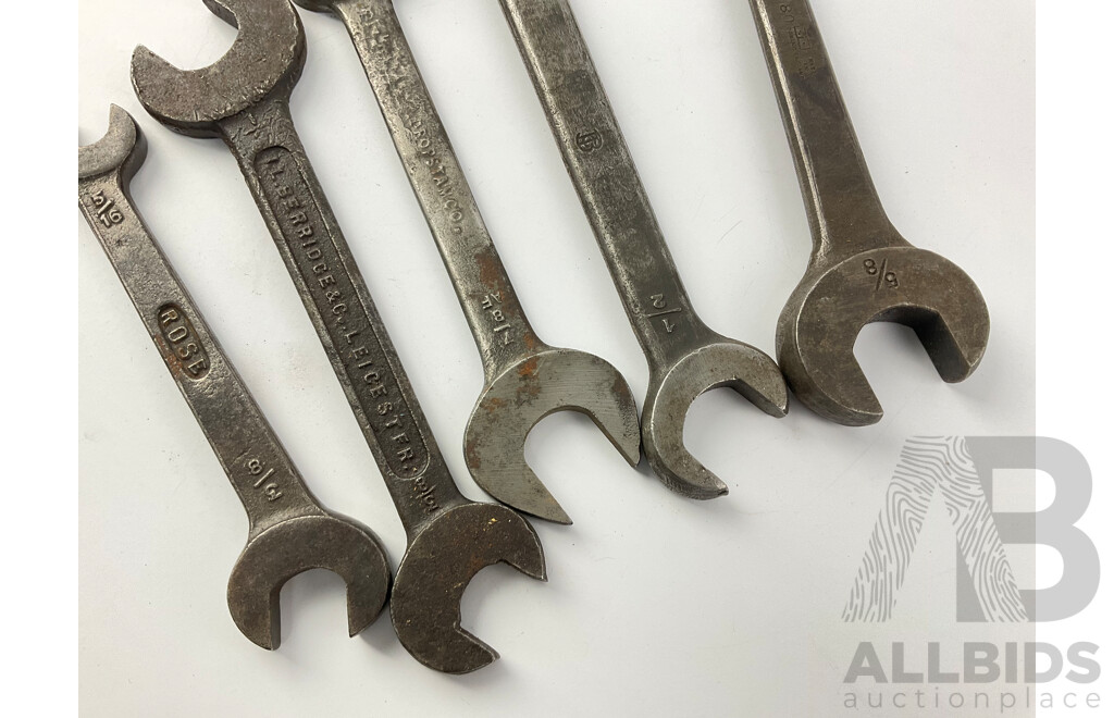 Collection of Vintage British Standard Whitworth Spanners Including Domino, I.L Berridge & Co, Rose Bros, Dropstam.Co, All Made in England - Sizes 5/8, 1/2, 7/8, 3/8, 5/16