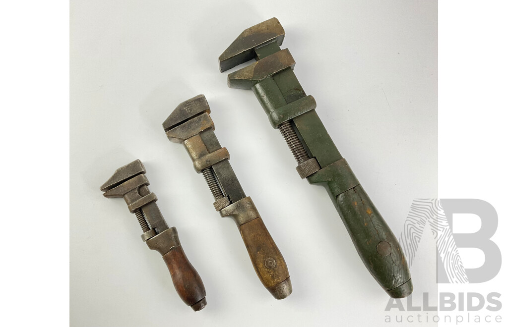 Three Vintage Timber Handled Adjustable Wrenches Including Coes Wrench Co, Made in USA