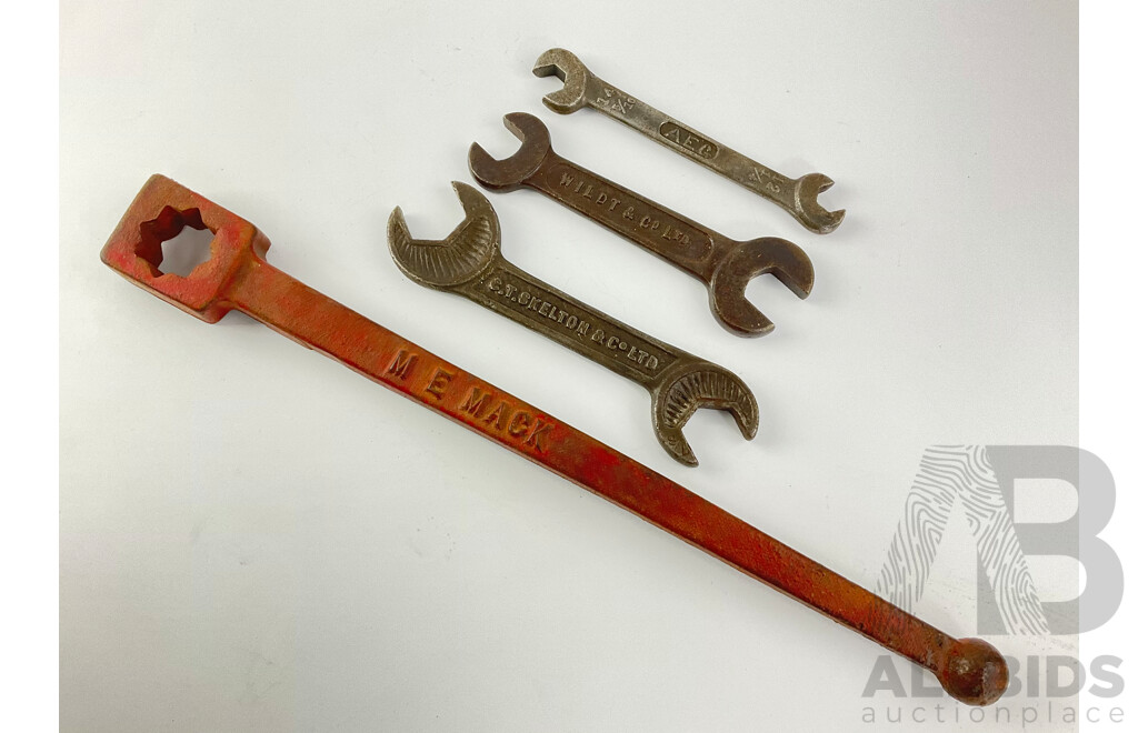 Vintage BSW/Imperial Open End Spanners Including AEG, Wildt & Co Ltd, C.T Skelton & Co Ltd and M E Mack Steam Valve Handle