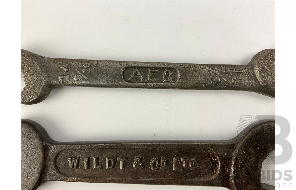 Vintage BSW/Imperial Open End Spanners Including AEG, Wildt & Co Ltd, C.T Skelton & Co Ltd and M E Mack Steam Valve Handle