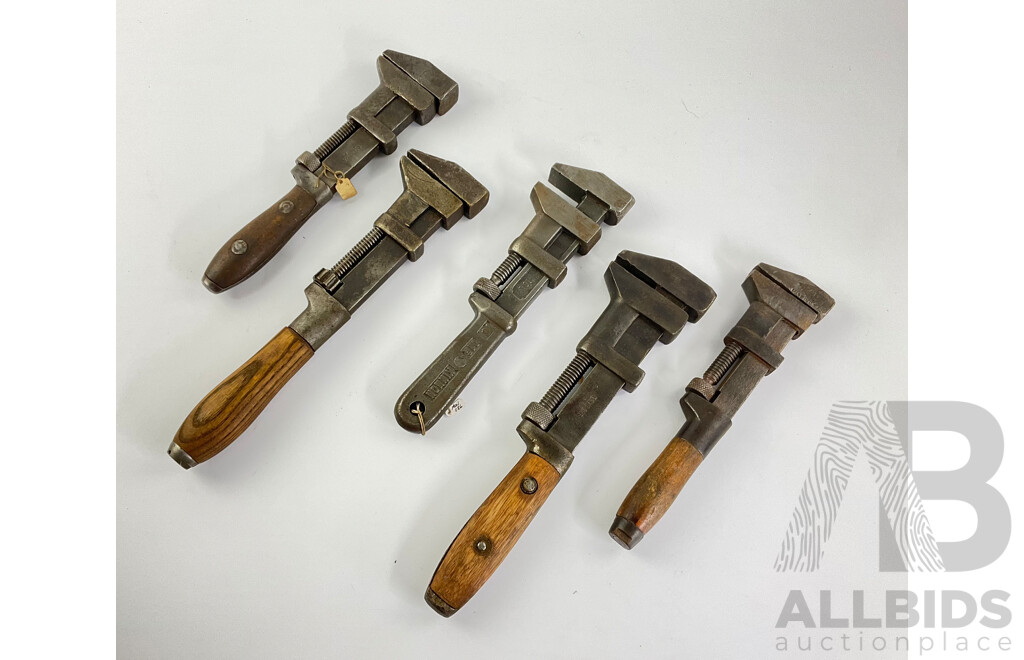 Five Adjustable Wrenches Including Timber Handled W&B, The Lamson & Sessions, Pexto, PS&W - Made in USA, McKinnon - Made in Canada