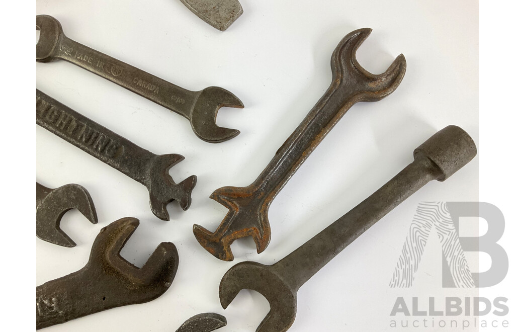 Collection of Vintage Ring, Comination and Open End Spanners Including Velox Stakka Jak, GSP, Shanks, Lightning Grader, C.Linpley & Co, Bedford - Canada, Britain and Sweden Made Examples