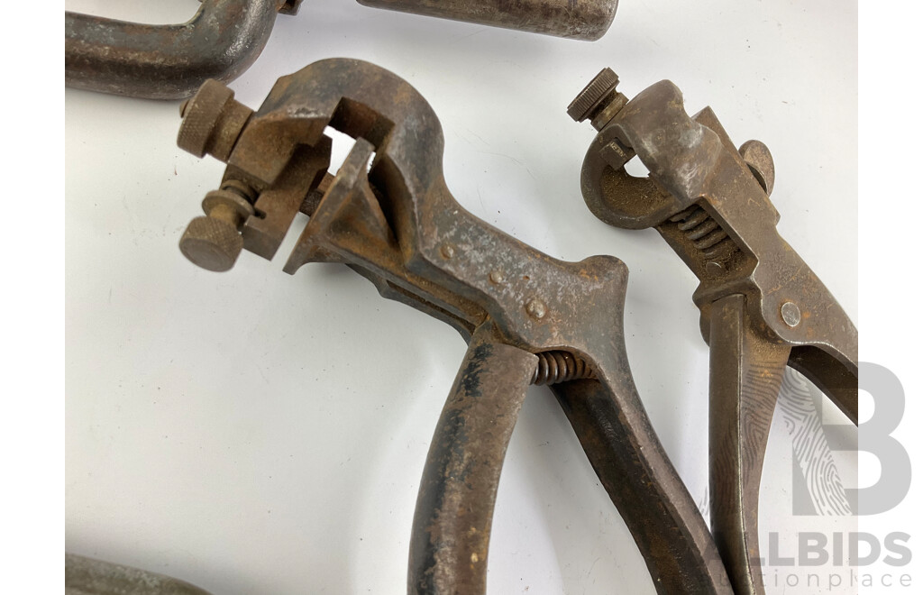 Antique MFG Co Valve Spring Compressing Tool, Slip and Lock Wrench, Crimping Tool, Fold Away Heel Nut Wrench, British Made