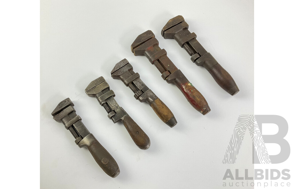 Five Antique/Vintage Timber Handled Adjustable Wrenches Including Whitman & Barnes The L&S Co, J.M Williams & Co, H.L Smith and Co, All Made in USA