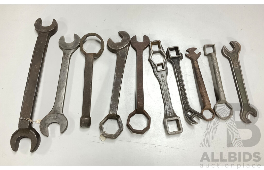 Collection of Large Imperial/Whitworth Spanners Including Newell Sanders Plow Co, Chattanooga Plow Co, Sheldon Axle Co