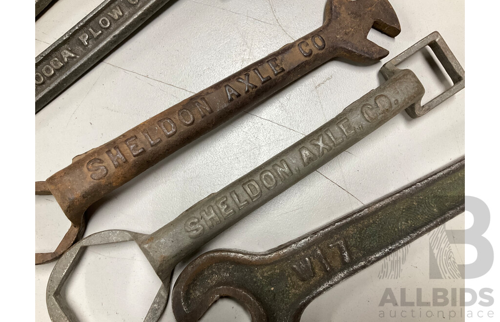 Collection of Large Imperial/Whitworth Spanners Including Newell Sanders Plow Co, Chattanooga Plow Co, Sheldon Axle Co