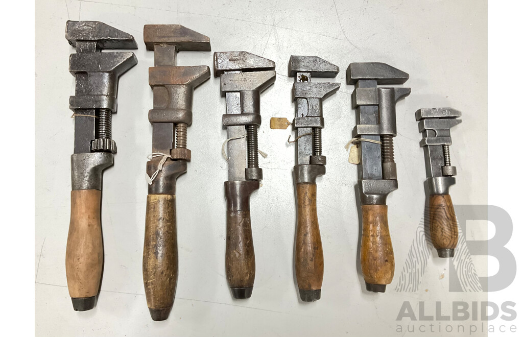 Vintage Large, Small and Medium Adjustable Wrences with Timber Handles Including MFG Co - USA and Mammel Solingen - Germany