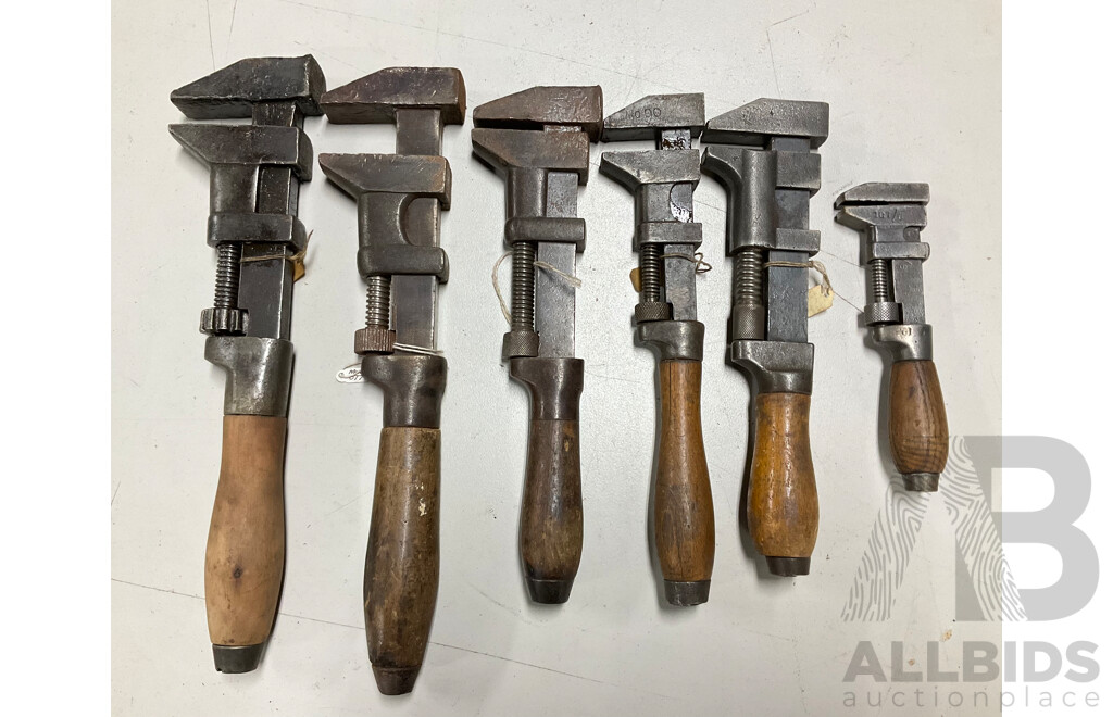 Vintage Large, Small and Medium Adjustable Wrences with Timber Handles Including MFG Co - USA and Mammel Solingen - Germany