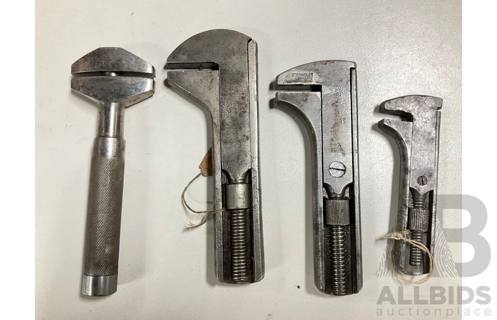 Four Vintage Quality Adjustable Wrenches Including Steinadler, Made in Germany