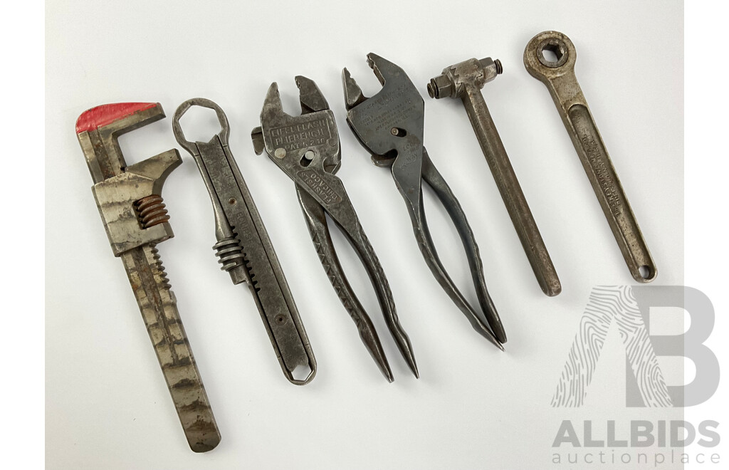 Collection of Steel Vintage Tools Including Eifel Flash Plierench, Boddmann and Eskilstuna, Adjustable Wrenches, Ferret Ratchet