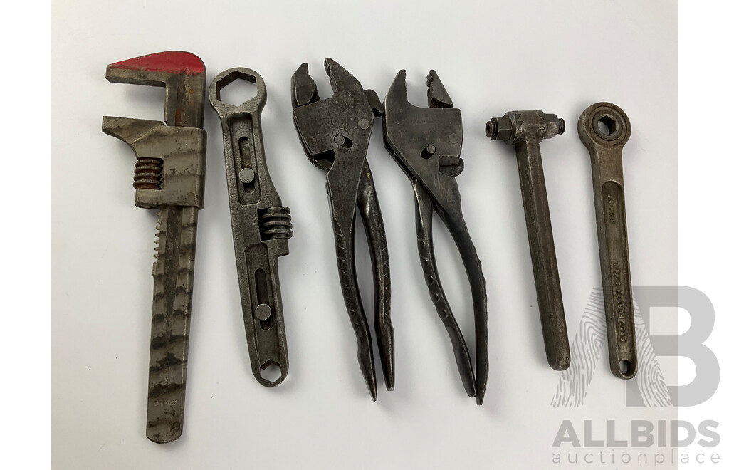 Collection of Steel Vintage Tools Including Eifel Flash Plierench, Boddmann and Eskilstuna, Adjustable Wrenches, Ferret Ratchet