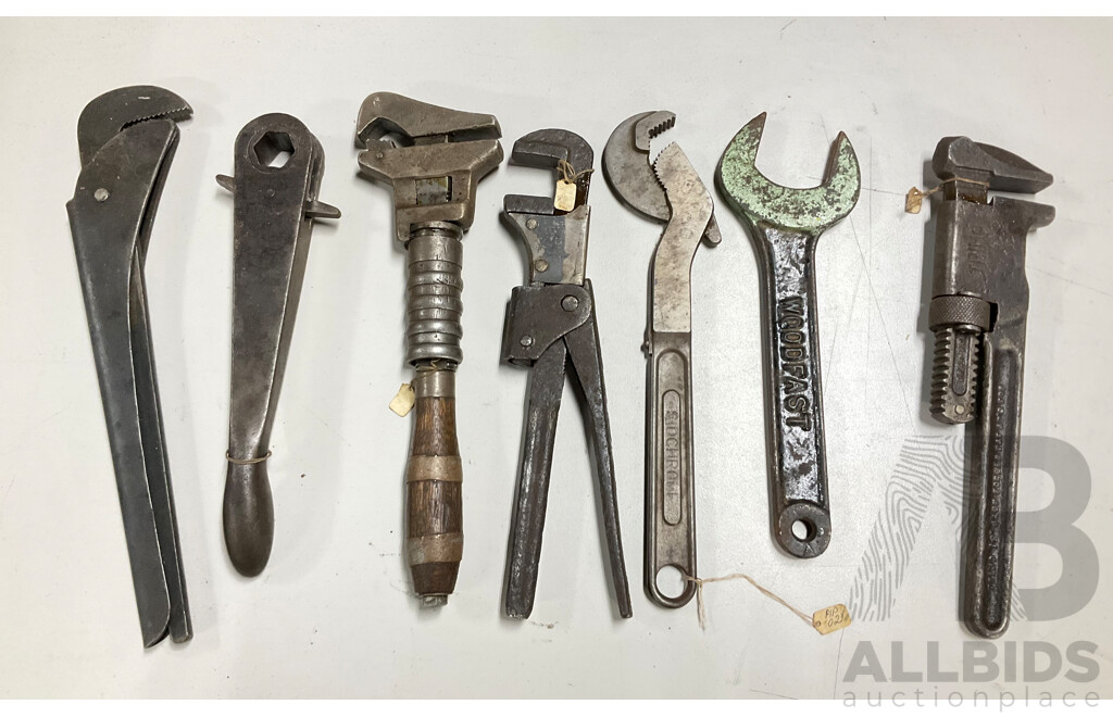 Collection Vintage Hand Tools Including Sidchrome Jaw Pipe Wrench, Trimo Adjustable Wrench, Woodfast Arbor Nut Spanner