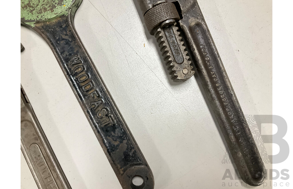 Collection Vintage Hand Tools Including Sidchrome Jaw Pipe Wrench, Trimo Adjustable Wrench, Woodfast Arbor Nut Spanner