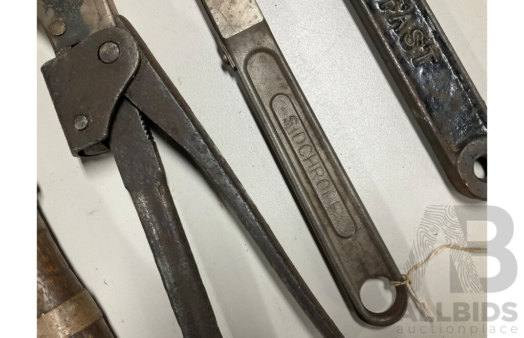 Collection Vintage Hand Tools Including Sidchrome Jaw Pipe Wrench, Trimo Adjustable Wrench, Woodfast Arbor Nut Spanner