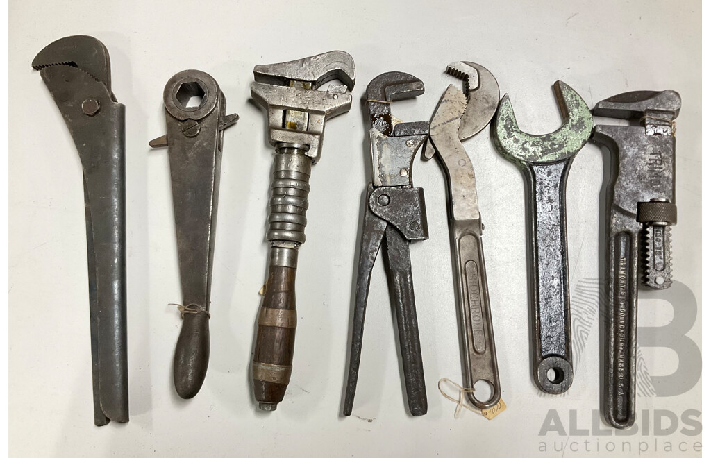 Collection Vintage Hand Tools Including Sidchrome Jaw Pipe Wrench, Trimo Adjustable Wrench, Woodfast Arbor Nut Spanner