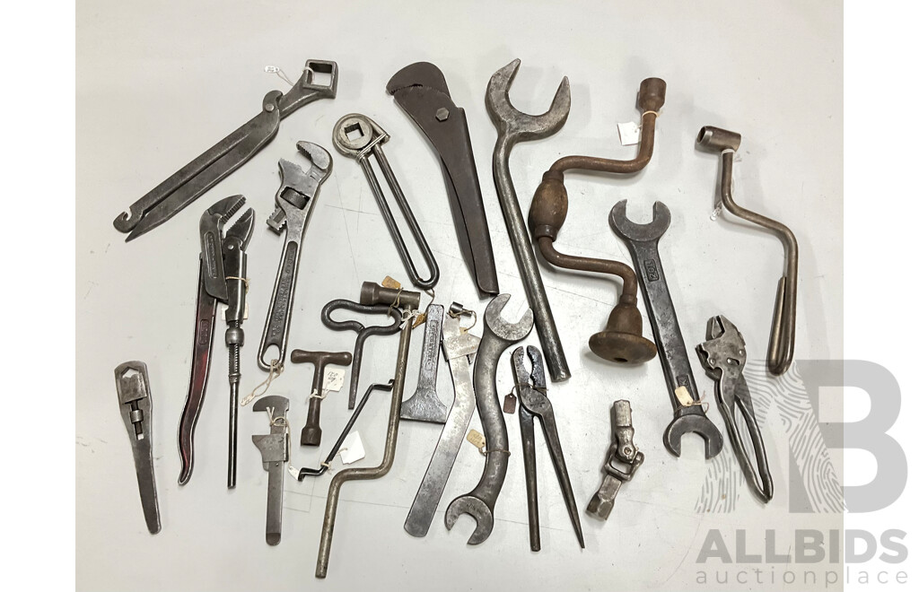 Collection of Vintage Tools Including Stillson Wrench, 'S' Spanner, Speed Handle, Pipe Jaws and More