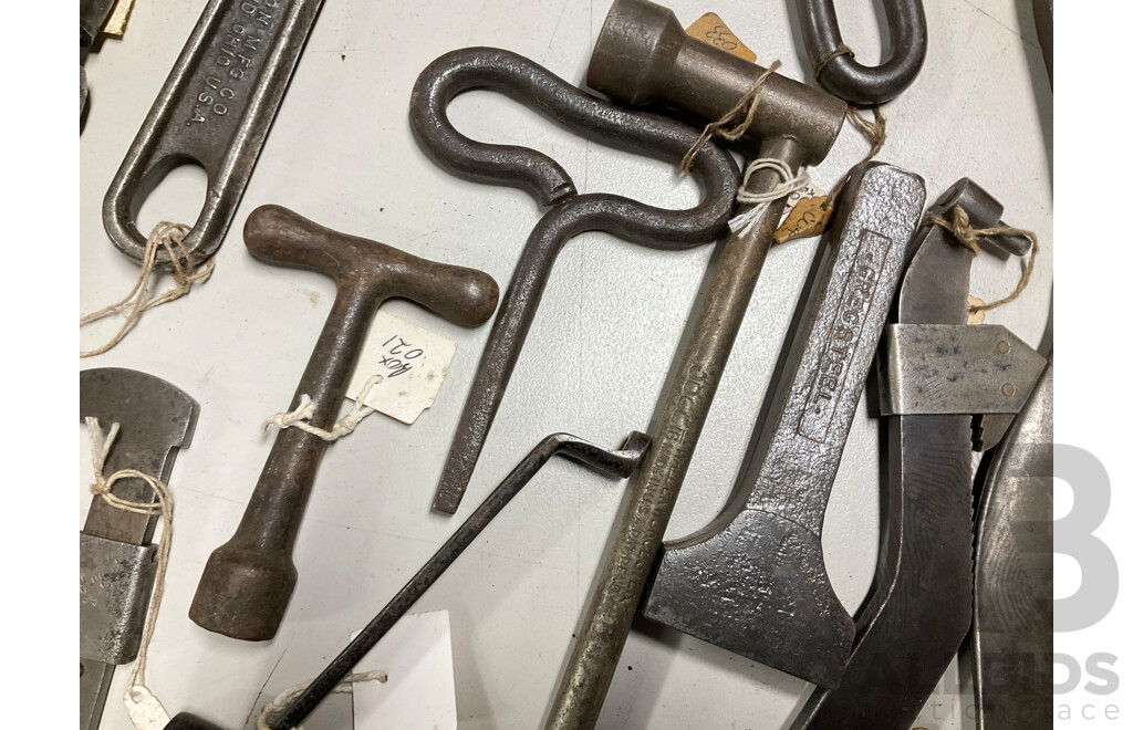 Collection of Vintage Tools Including Stillson Wrench, 'S' Spanner, Speed Handle, Pipe Jaws and More