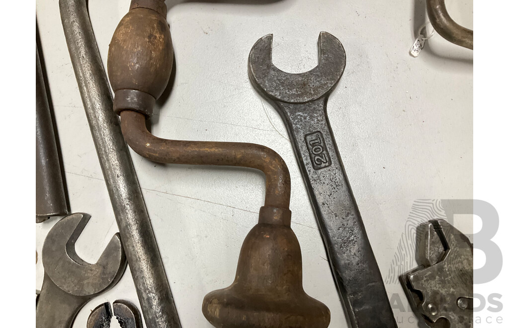 Collection of Vintage Tools Including Stillson Wrench, 'S' Spanner, Speed Handle, Pipe Jaws and More