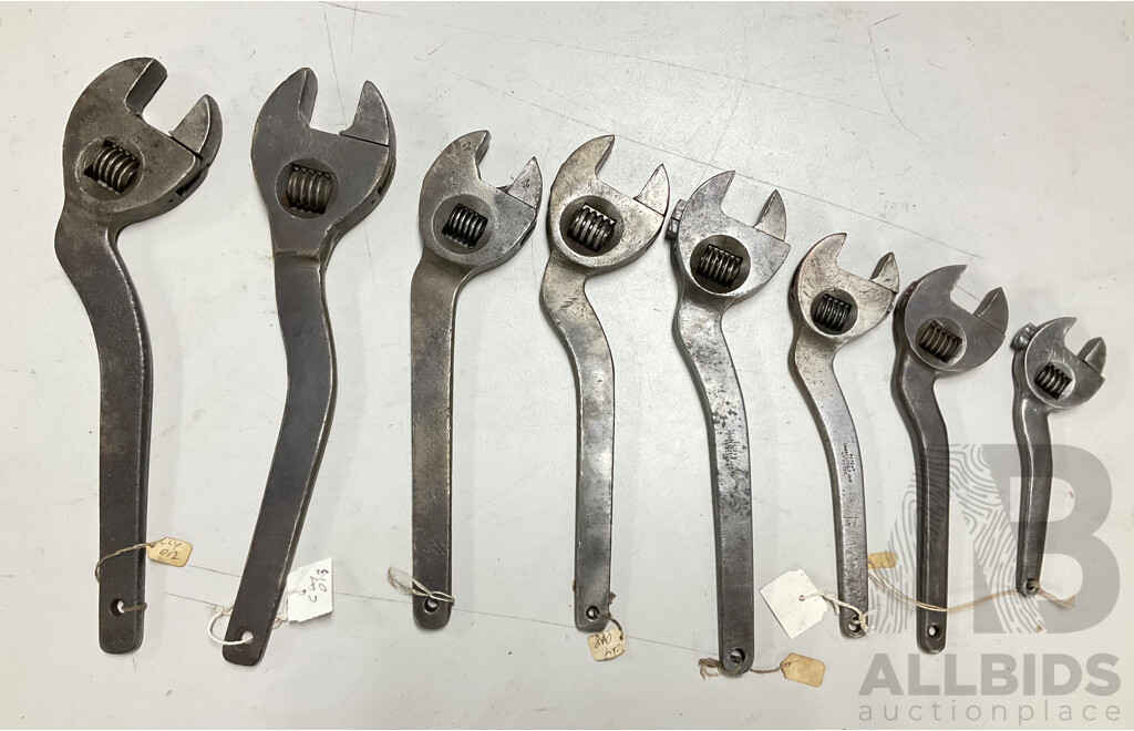 Eight Vintage Crank Arm Adjustable Spanners Including Joseph Evans & Sons and Dragonfly