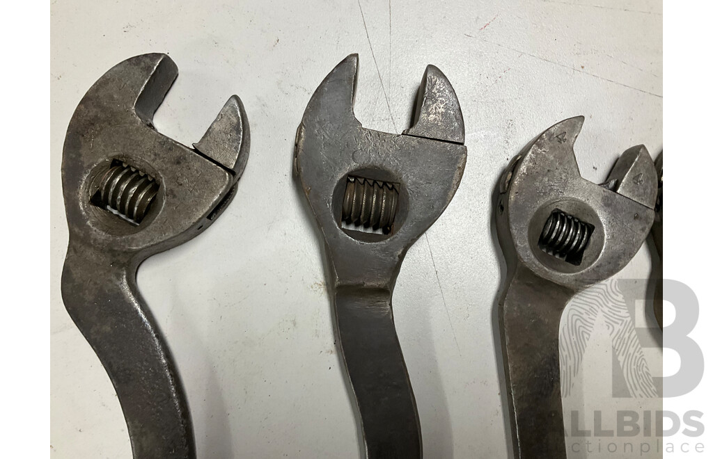 Eight Vintage Crank Arm Adjustable Spanners Including Joseph Evans & Sons and Dragonfly