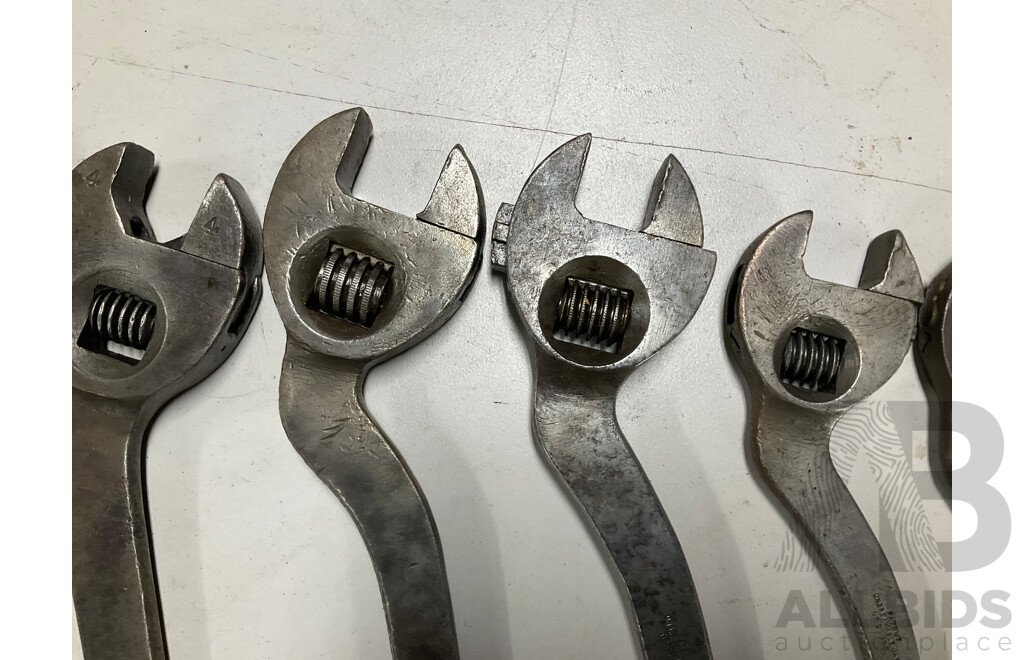 Eight Vintage Crank Arm Adjustable Spanners Including Joseph Evans & Sons and Dragonfly