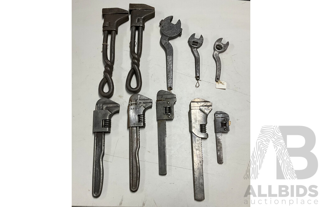 Twelve Vintage Adjustable Spanners, Crank Arm, Twist Handle Including Glading and Lhrem's