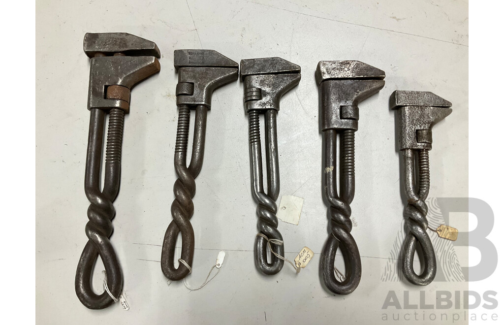 Five Vintage Twist Handle Adjustable Spanners Including ACME