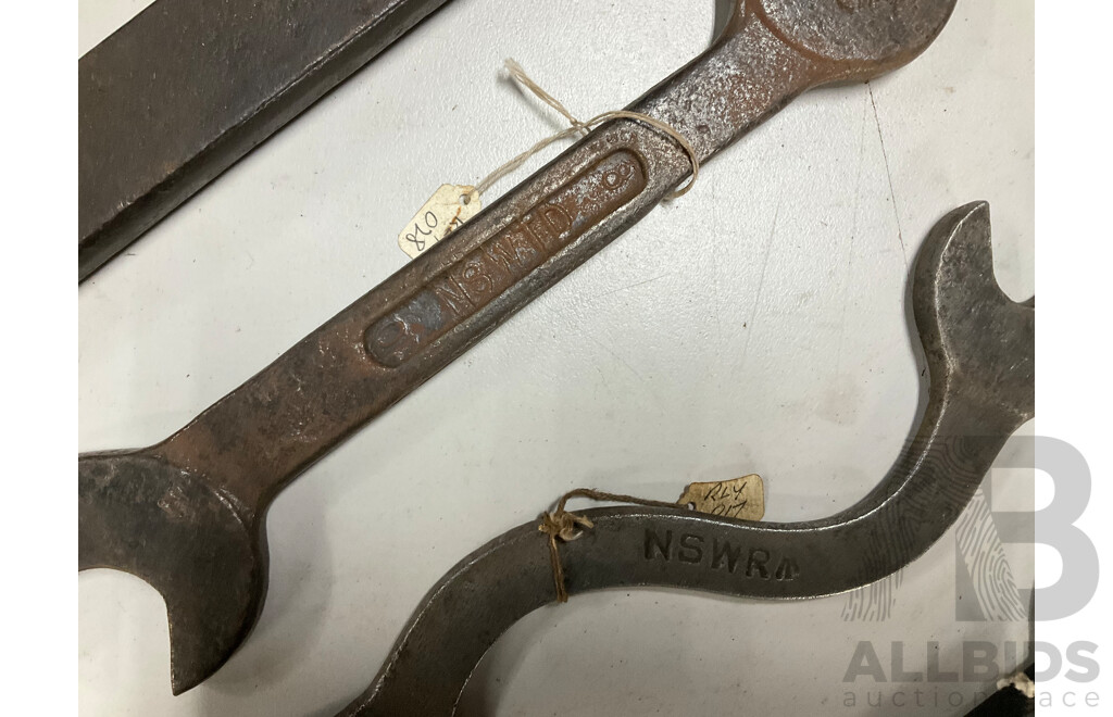 Collection of New South Wales Railways and Transport Spanners with Raglan Tool Co Handcuff Wrench
