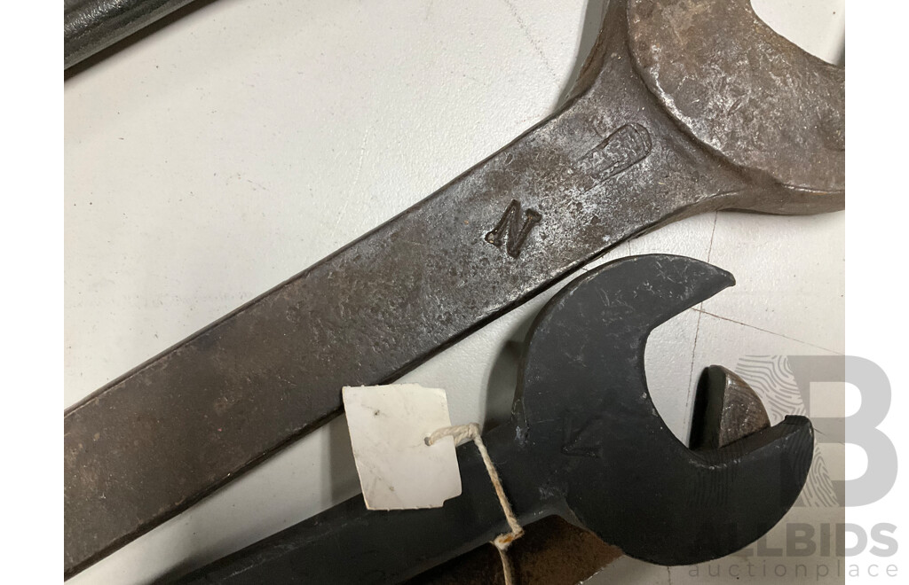 Collection of New South Wales Railways and Transport Spanners with Raglan Tool Co Handcuff Wrench