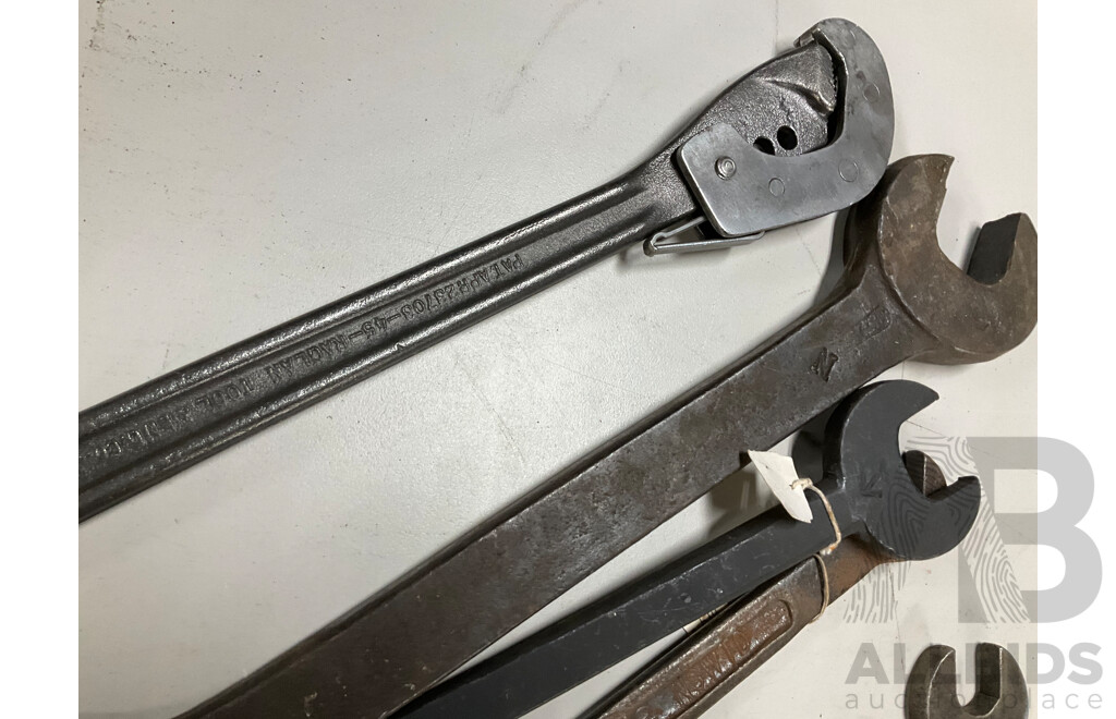 Collection of New South Wales Railways and Transport Spanners with Raglan Tool Co Handcuff Wrench