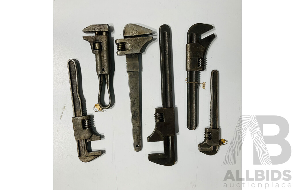 Six Antique Medium/Large Adjustable Wrenches Including Billings & Spence Co, USA Made Examples