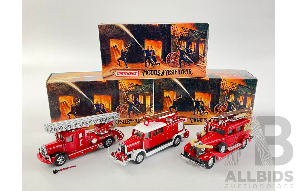 Matchbox Diecast Models of Yesteryear Fire Engine Series Including 1932 and 1938 Mercedes, 1933 Cadillac