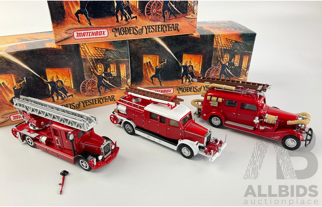 Matchbox Diecast Models of Yesteryear Fire Engine Series Including 1932 and 1938 Mercedes, 1933 Cadillac