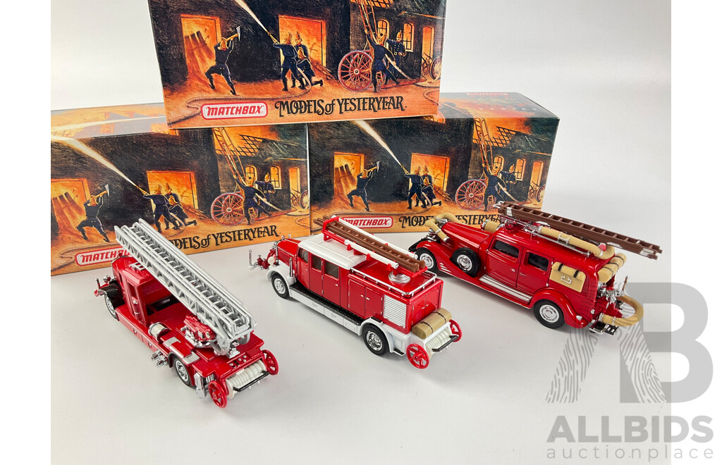 Matchbox Diecast Models of Yesteryear Fire Engine Series Including 1932 and 1938 Mercedes, 1933 Cadillac