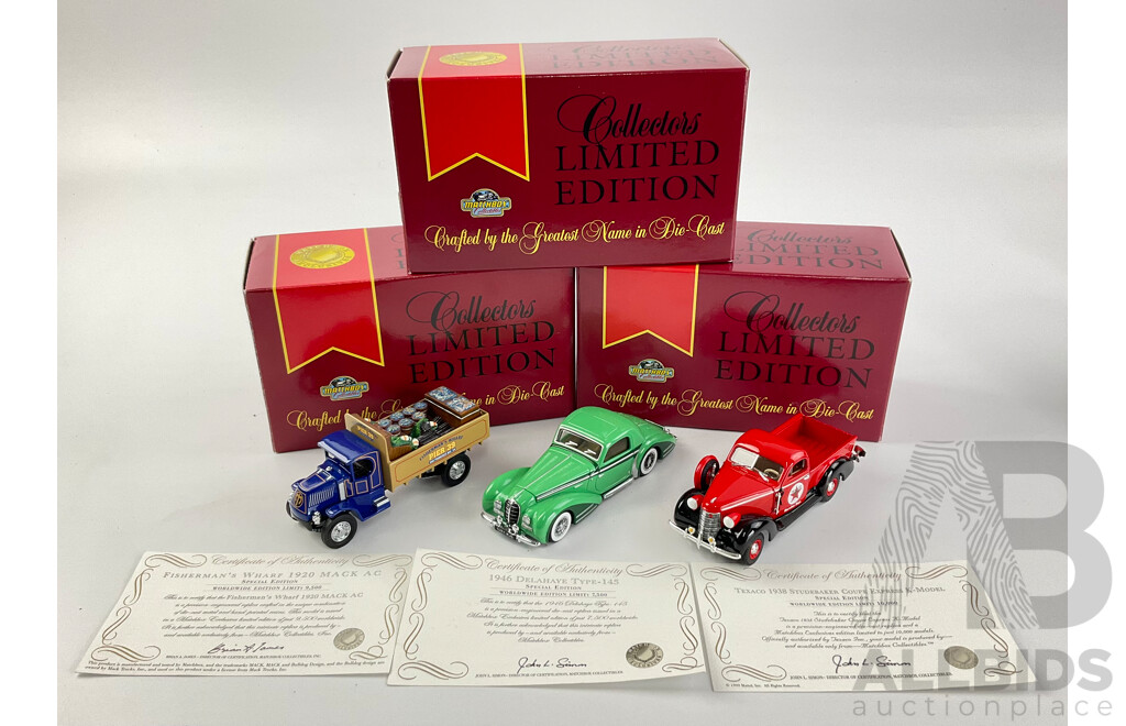 Matchbox Diecast Models of Yesteryear Collectors Limited Edition Including 1946 Delahaye, 1938 Studebaker, 1930 Mack