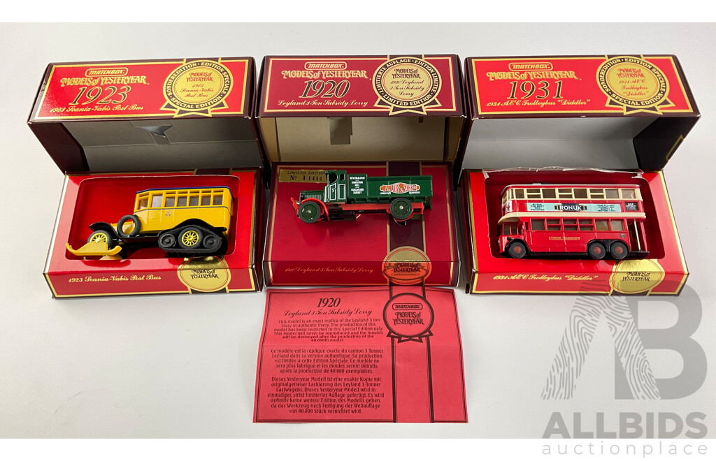 Matchbox Diecast Models of Yesteryear Limited Edition Including 1920 Leyland, 1931 AEC Trolley Bus, 1923 Scania-Vabis Post Bus