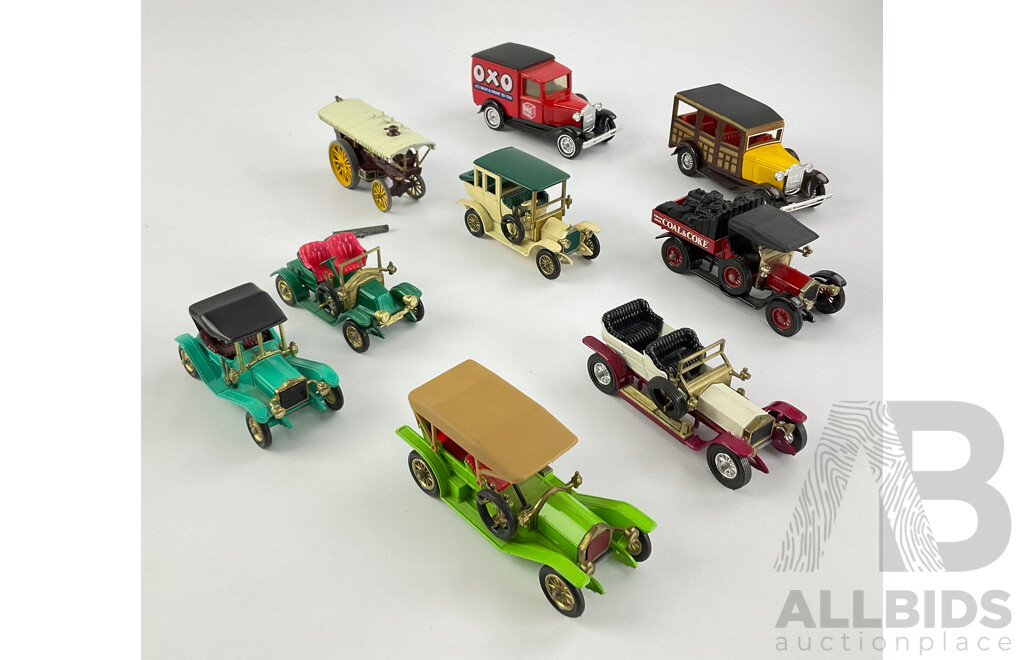 Collection of Diecast Matchbox Models of Yesteryear Including 1918 Crossley, 1912 Simplex, Showman Steamer, 1911 Renault and More