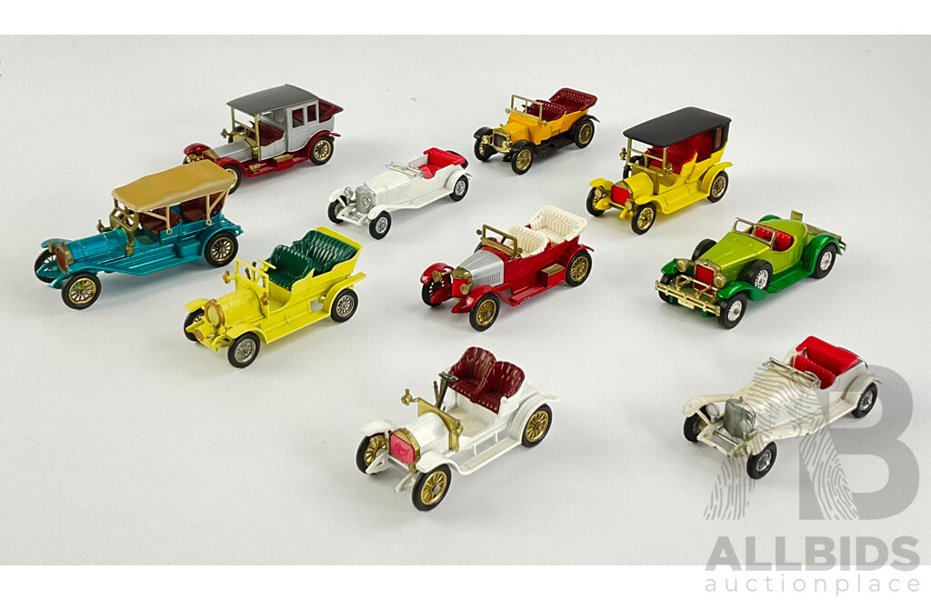 Collection of Diecast Matchbox Models of Yesteryear Including 1914 Prince Henry Vauxhall, 1909 Thomas Flyabout, 1931 Stutz Bearcat and More