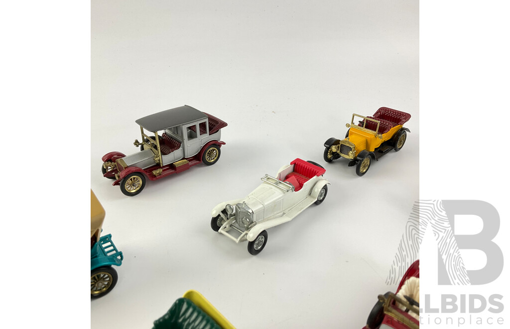 Collection of Diecast Matchbox Models of Yesteryear Including 1914 Prince Henry Vauxhall, 1909 Thomas Flyabout, 1931 Stutz Bearcat and More