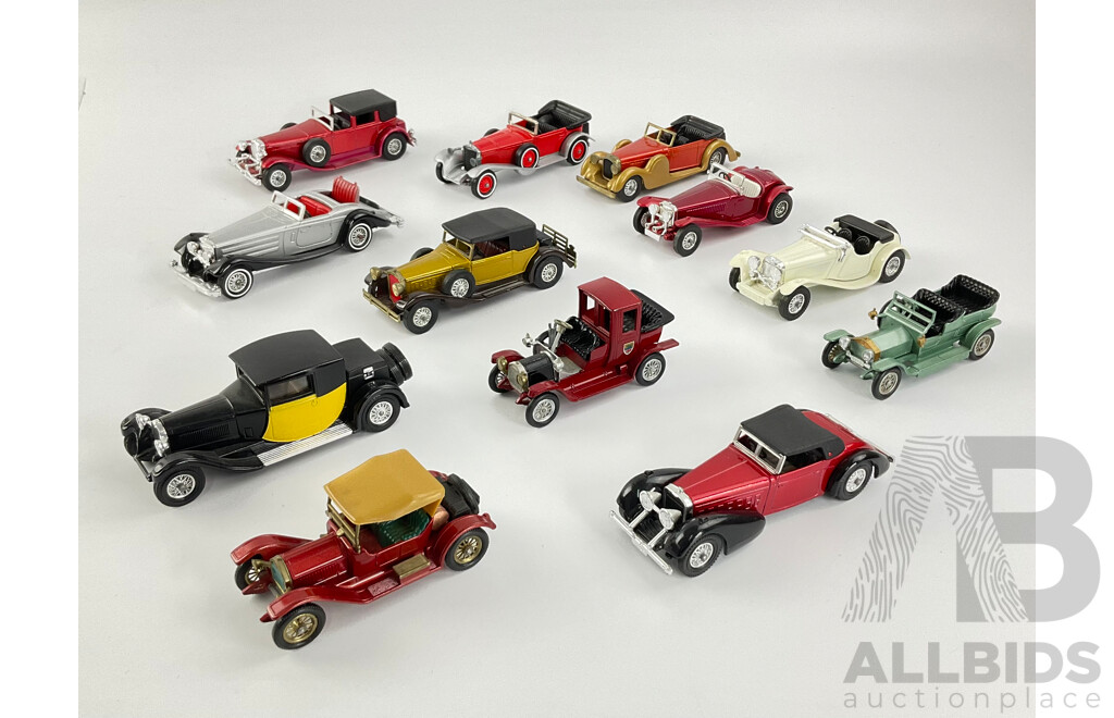 Collection of Diecast Matchbox Models of Yesteryear Including 1938 SS 100 Jaguar, 1930 Packard Victoria, 1937 Mercedes Benz 540 K and More