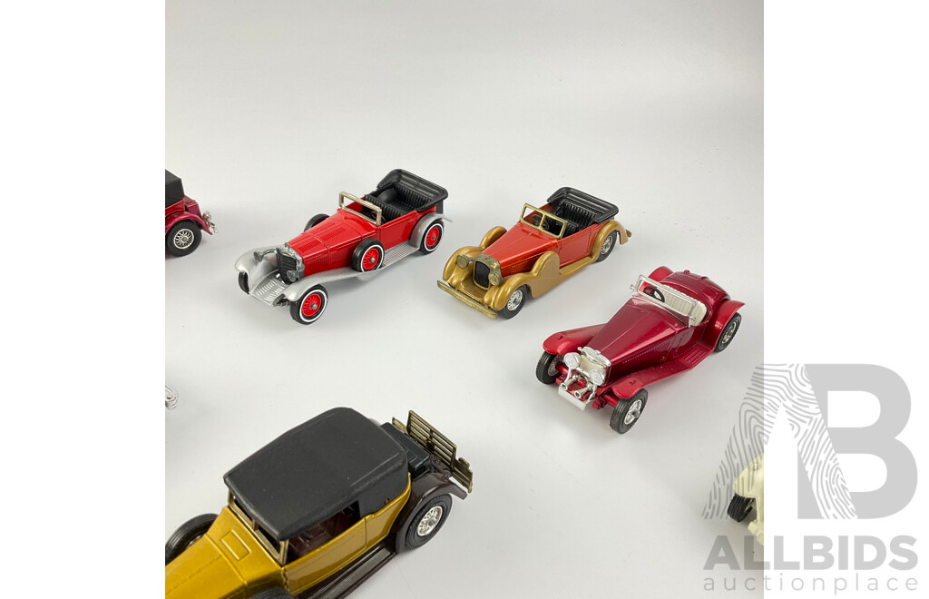 Collection of Diecast Matchbox Models of Yesteryear Including 1938 SS 100 Jaguar, 1930 Packard Victoria, 1937 Mercedes Benz 540 K and More